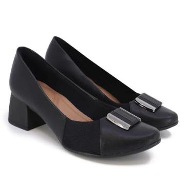 Imagem de Scarpin Preto Salto Bloco Couro Detalhe Tecido