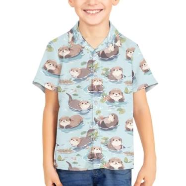 Imagem de Camisetas havaianas unissex de verão para meninos camiseta manga curta com botões Aloha camisetas estampadas tropicais, Lontra fofa, 13-14 Years