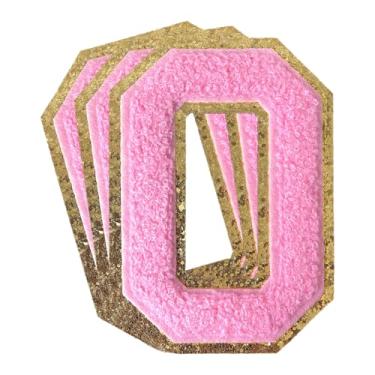 Imagem de 3 peças de patch de número de chenille rosa glitter ferro em remendos de letras Varsity Remendos bordados de chenille costurar em remendos para roupas chapéu bolsas jaquetas camisa (rosa, 0)