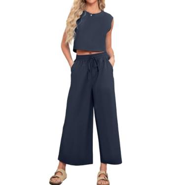 Imagem de Glamker Conjunto feminino de 2 peças de linho para combinar com blusa cropped sem mangas e calça de perna larga com bolso, Azul marino, Small