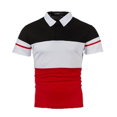 Imagem de Camisa polo masculina casual de manga curta com estampa de cinto de patchwork de duas cores, Preto, P