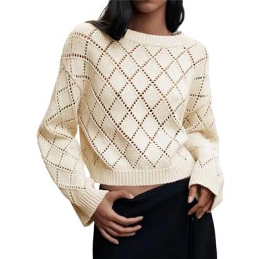 Imagem de Saodimallsu Suéter feminino cropped gola redonda crochê malha casual manga longa vazado pulôver cropped tops, Bege, M