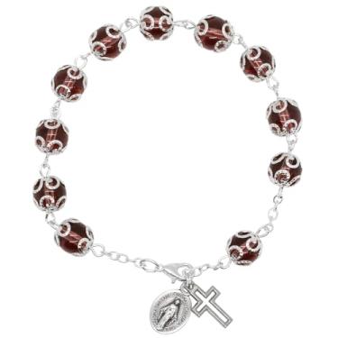 Imagem de Pulseira da década do terço | Contas de vidro em corrente prateada | Medalha milagrosa e pingentes de cruz | Ótimo presente católico para a primeira comunhão e confirmação, Medium, Vidro, Sem pedras
