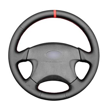 Imagem de Capa de volante de carro de couro não-deslizante costurada à mão preta confortável, apto para Subaru Forester Impreza Legacy Outback 1999 2000 2001 2002 2003 2004