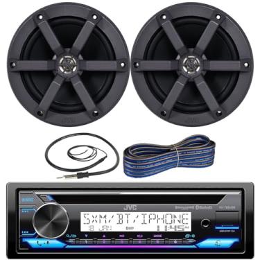 Imagem de JVC Rádio Bluetooth DIN único no painel USB AUX AM/FM CD Player Combo Receptor Marítimo com 1 par (Qtde 2) 16,5 cm, 2 vias, 100 Watts de pico de potência, alto-falantes de áudio, fio de alto-falante,