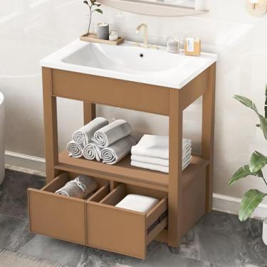 Imagem de GOWE Vaidade de banheiro de 76 cm com pia, armário de banheiro com prateleira de armazenamento aberta e duas gavetas, marrom