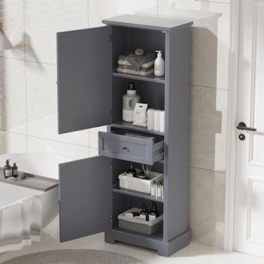 Imagem de Armário de armazenamento de banheiro, armário de armazenamento alto com duas portas e gaveta, prateleira ajustável, cinza