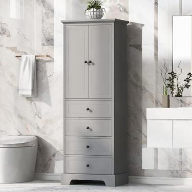 Imagem de Armário de armazenamento com 2 portas e 4 gavetas para banheiro, escritório, prateleira ajustável, placa MDF com acabamento pintado, cinza