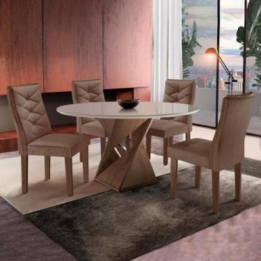Imagem de Conjunto Sala de Jantar Mesa Tampo Redondo Plus Vidro 100cm com 4 Cadeiras Barcelona Cel Móveis Chocolate/off White/suede Animale