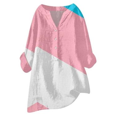 Imagem de Camiseta feminina de algodão e linho, gola V, botão, manga comprida, grande, tops casuais colorblock, Rosa choque, M