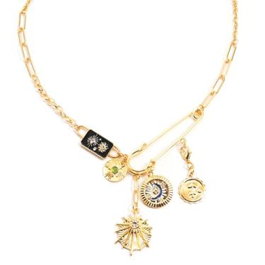 Imagem de ORIGENCE Colar com pingente para mulheres, colar de alfinete de segurança, colar grosso, sol, lua, olho turco, joias, proteção, colar feito à mão, seu próprio clipe de papel, amuleto para mulheres,