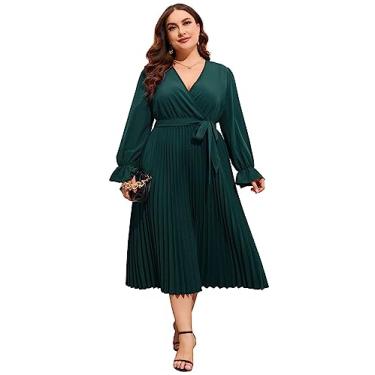 Imagem de KOJOOIN Vestido feminino plus size, gola V, bainha plissada, babados, mangas compridas, elegante, casual, midi com cinto, Verde, XGG