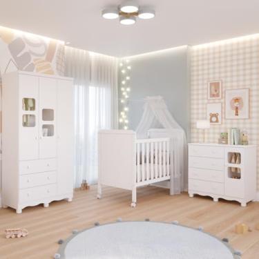 Imagem de Quarto de Bebê Completo Guarda Roupa Uli 3 Portas 3 Gavetas Berço Mini Cama Cloe 2 Em 1 Cômoda Uli 4 Gavetas 1 Porta Móveis Peroba Branco Brilho