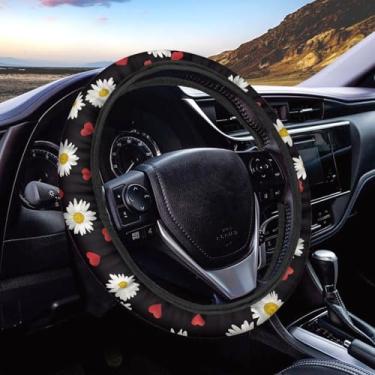 Imagem de AFPANQZ Capa de volante com estampa de margarida fofa para mulheres, absorção de suor, antiderrapante, capa de proteção para volante, lavável na máquina, flor branca universal em preto