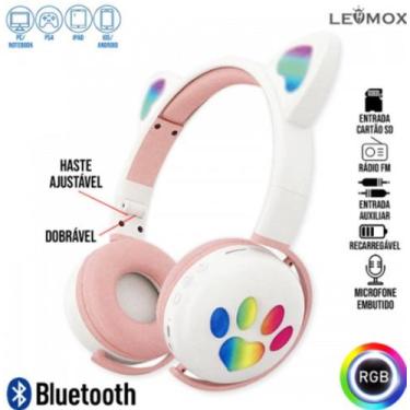 Imagem de Headphone  infantil  bluetooth de gatinho  com led RGB - LEHMOX, Branc