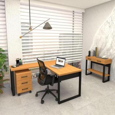 Imagem de Kit Mesa Escritório em L Com Gaveteiro + Aparador 100% Mdf - Pradel E