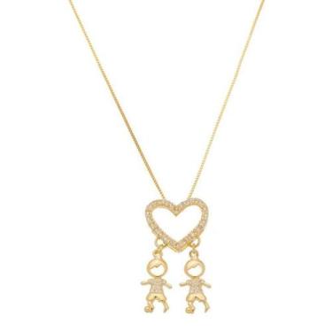 Imagem de Colar Com Pingente Dois Meninos Filhos Banho De Ouro - Jhulias Joias E
