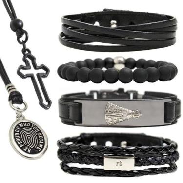 Imagem de Pulseiras Masculinas Kit C/4 NOSSA SENHORA BLACK + 2 Colares Cruz Meda