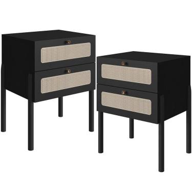 Imagem de Kit 02 Mesas De Cabeceira 02 Gavetas Com Telinha Pés Madeira Moss A03 Nero Preto