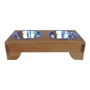 Imagem de Comedouro Pet Elevado Duplo P - Potes Inox Madeira  Meia Lua - JM Pet