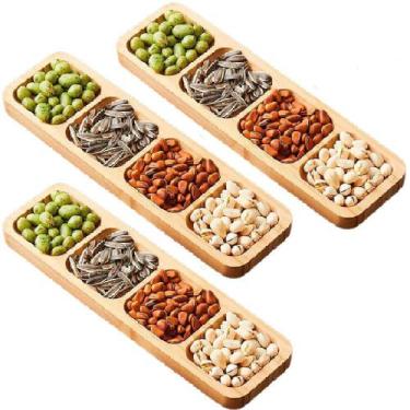 Imagem de 3 Petisqueira de Bambu Retangular Com 4 Divisórias 33x10cm - Inter