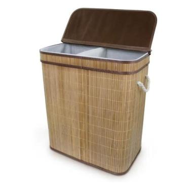 Imagem de Cesto Retangular Duplo de Bambu Orgânico Natural Lavanderia Banheiro -