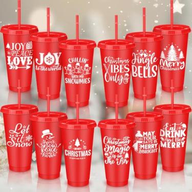 Imagem de Skylety 12 peças de copos de plástico de Natal, presentes a granel, copos de Natal de 680 g, copos de Natal, copos reutilizáveis com canudo e tampa, presentes de ano novo para beber, recheio, doces,