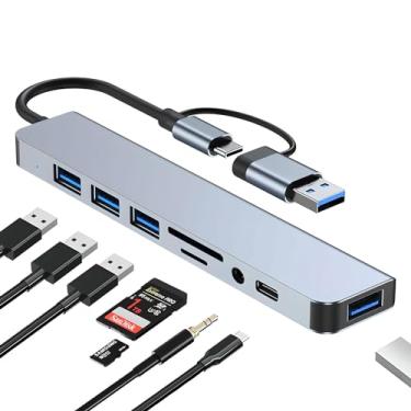 Imagem de Hub USB C, adaptador multiportas USB 8 em 2 com USB 3.0, 3 USB 2.0, leitor de cartão USB C SD/TF, adaptador USB de porta de áudio de 3,5 mm para MacBook Air/Pro, laptop, computador, iMac, iPad