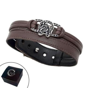 Imagem de Pulseira de Couro  Feminina Country Ajustável Pingente 2 Ferraduras e 