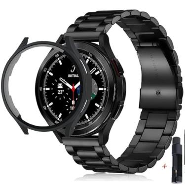Imagem de Pulseira de aço inoxidável compatível com Samsung Galaxy Watch 6 de 44 mm e 40 mm com capa de TPU Galaxy Watch 6 classic 47mm 43mm capa (Classic 43 mm, preto)
