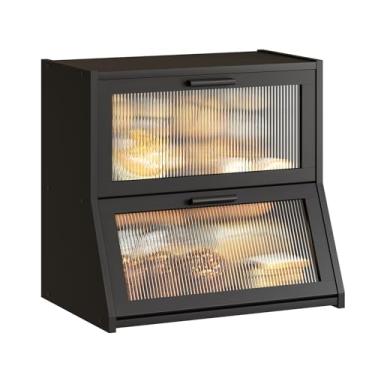 Imagem de GHWIE Caixa de pão de bambu de camada dupla para bancada de cozinha, caixa de armazenamento de grande capacidade com painel de porta ondulado de acrílico (preto, extra grande)