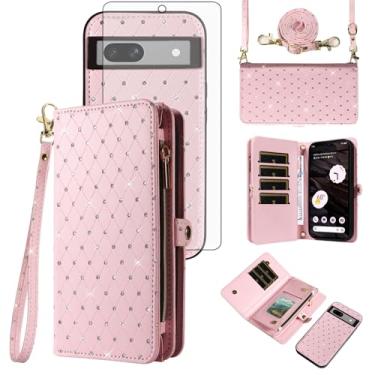Imagem de Asuwish Capa de celular para Google Pixel 7A 5G 2023 com zíper carteira destacável com protetor de tela de vidro temperado alça transversal alça flip glitter porta-cartão slot Pixel7A A7 mulheres
