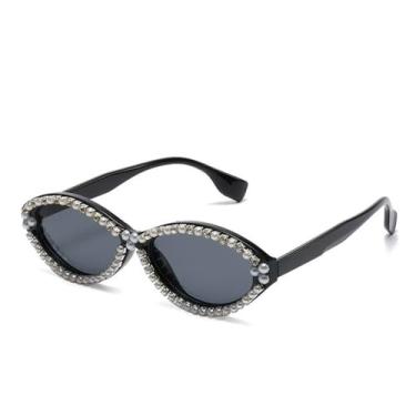 Imagem de Moda Feminina Olho de Gato Feito à Mão Pérola Menina Óculos de Sol Simples Menina Diamante Street Shooting Óculos de Sol Brilhantes, Preto