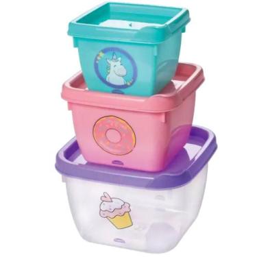 Imagem de Conjunto 3 Potes Unicórnio Porta Lanche Escola Infantil - NoBrand, Pot