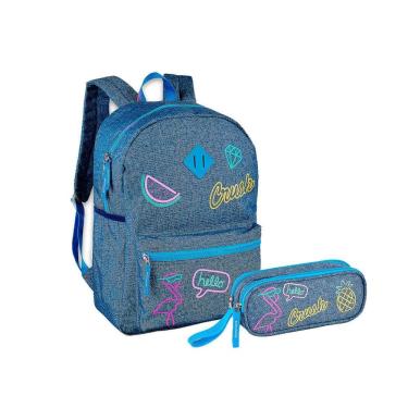 Imagem de Kit Escolar Mochilas E Estojo Duplo Jeans Crush Cor Azul