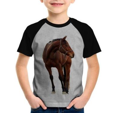 Imagem de Camiseta Raglan Infantil Cavalo Andaluz - Foca na Moda, Cinza, Preto, 