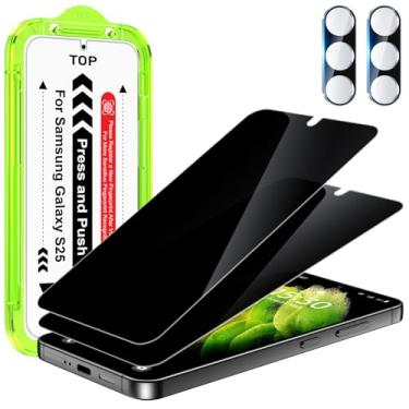 Imagem de Esanik [Pacote com 2 + 2 protetores de tela de privacidade para Samsung Galaxy S25 de 6,1 polegadas filme PET antiespião (não vidro) com moldura de fácil instalação + protetor de lente de câmera