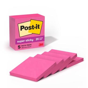 Imagem de Post-it Notas super adesivas, 5 blocos de notas adesivos, 7,6 x 7,6 cm, material escolar, produtos de escritório, notas adesivas para superfícies verticais, monitores, paredes e janelas, rosa