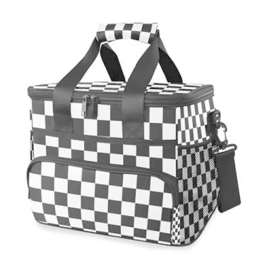 Imagem de Bolsa térmica quadriculada preta e branca com isolamento térmico, 24 latas, bolsa de piquenique, portátil, grande, à prova de vazamento, lancheira para praia, supermercado, acampamento, viagem, carro,