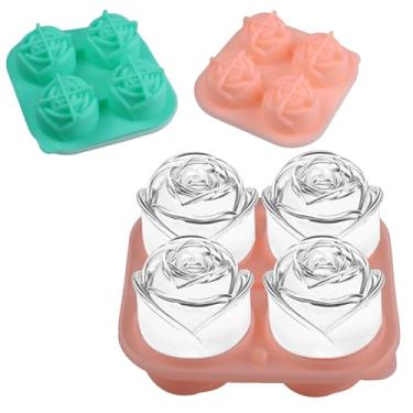 Imagem de Runseaway 3 peças de moldes de gelo rosa de silicone de 6,3 cm, bandeja de gelo em forma de flor 3D com tampas, máquina de bolas de gelo de liberação fácil para coquetéis, uísque, suco, bebidas