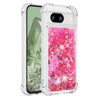 Imagem de Capa de telefone à prova de choque para Google Pixel 8a com glitter líquido de areia movediça e corações flutuantes, capa de TPU de camada dupla reforçada com 4 cantos, protetor de telefone seguro