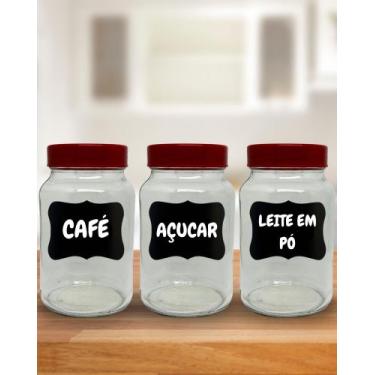Imagem de Kit Cantinho do Café 3 Potes Vidro 600 ML Com Caneta p/ escrever:  Caf