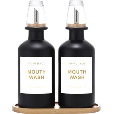 Imagem de BONLONG Dispensador de enxaguante bucal de vidro de 334 g para banheiro com bocal de aço inoxidável e bambu, copo de enxaguante bucal reutilizável, bandeja de bambu e adesivo dourado elegante.