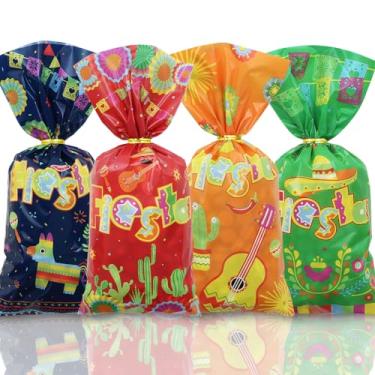 Imagem de 50 peças de sacos mexicanos para festa de festa de celofane Cinco de Mayo lembrancinha de festa doces biscoitos guloseimas sacos de lanche cacto taco papel picado saco de presente plástico com laços