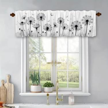 Imagem de Cortinas de dente-de-leão de flor de cardo para sala de estar com bolso ajustável para varão 137 x 45 cm, sanefas de cozinha para janelas, quarto, banheiro, preto, branco, tratamento de janela