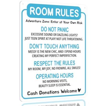 Imagem de Opix Design Placa Engraçada Com Regras De Quarto - Decoração Fofa Azul Para Meninas Adolescentes, Decorações Estéticas Azuis Quarto, Porta Adolescente E Presentes Divertidos Aniversários Feriados. A