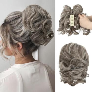 Imagem de CJL HAIR Extensões De Cabelo Curtas Com Rabo De Cavalo E Presilhas De Garra, Faça Você Mesmo, Metais Dobráveis, Coque Bagunçado, Apliques De Cabelo Sintético Ondulado E Cacheado, Cinza Acinzentado