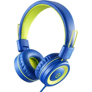 Imagem de Fones de ouvido infantis com microfone K12 estéreo com cabo longo de 1,5 m com limite de volume de 85dB/94dB com fio para iPad/Amazon Kindle, Fire/Bebê/Meninas/Escola/Viagem/Avião (Azul/Lime)