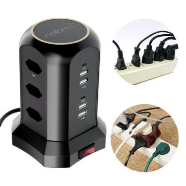 Imagem de Torre de Tomadas Extensão Elétrica 9 Entradas 4 USB 2 Type-C Preto - R