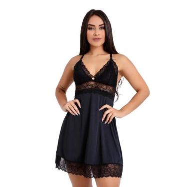 Imagem de Camisola IMI Lingerie Com Calcinha Microfibra Renda Chloe Preta, Preto
